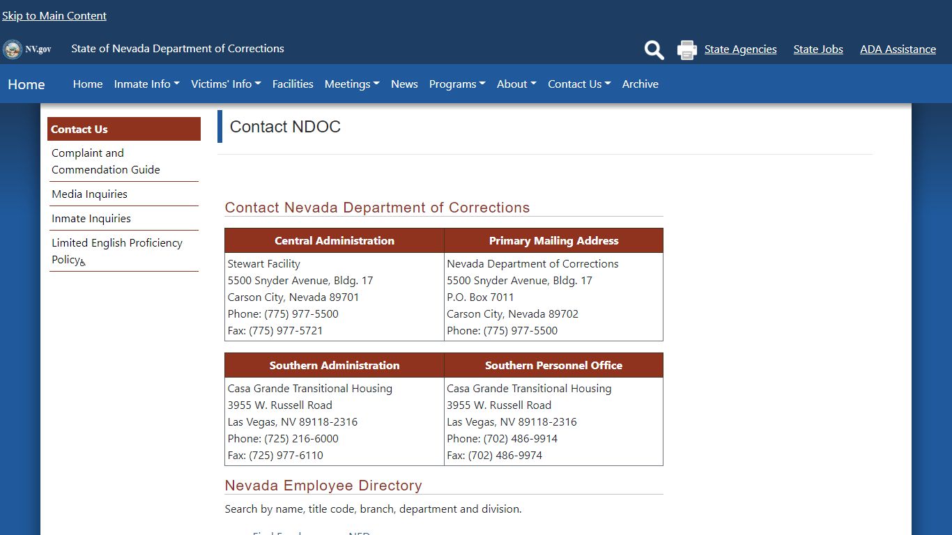 Contact the Nevada Department of Corrections